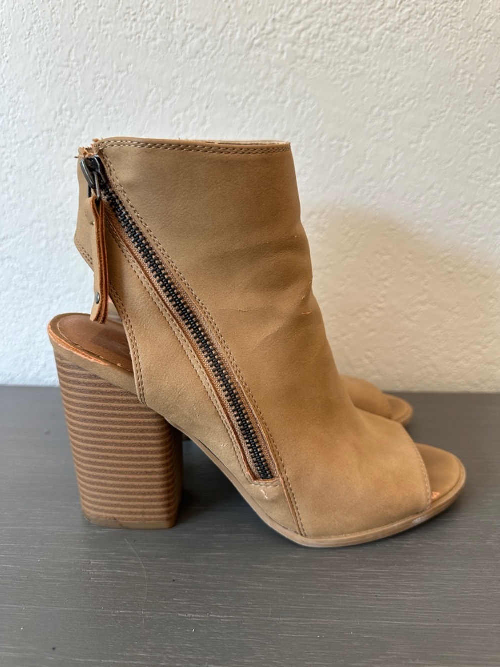 Dolce Vita Tan Open-Toe Block Heel Booties with Side Zip